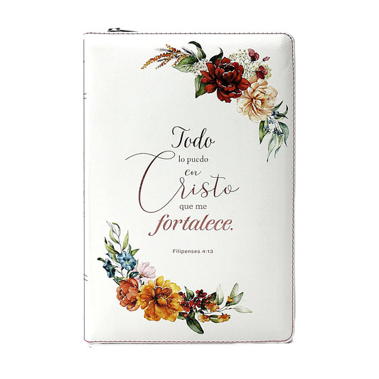 Biblia de Estudio Reina Valera 1960 Arco Iris con Cierre Indice en color Blanco con Flores y estuche de proteccion