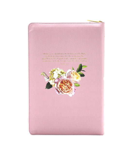 Biblia para Mujer Letra Gigante Tamano Manual Con Cierre, Indice en color rosado con rosas