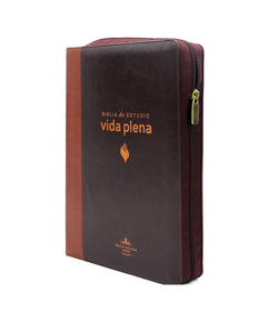 Biblia de Estudio Reina Valera 1960 Vida Plena con Cierre Indice  en color Cafe con Cafe Claro y Estuche de Proteccion